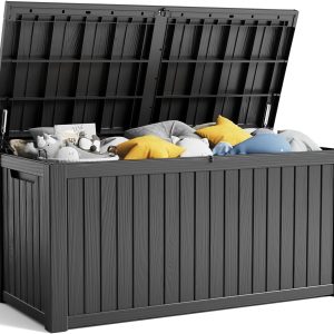 PatioZen 180 Gallon Large Resin Deck Box, Outdoor Lockable Storage Box with Divider for Patio Cushions Furniture, Pool Supplies, Garden Tools and Toys, Weatherproof and UV Resistant- Black
