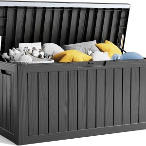 PatioZen 80 Gallon Resin Deck Box, Lockable Patio Storage Box for Furniture, Garden Tools and Toys Storage, Waterproof Outside Storage Box - Black
