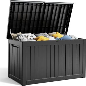 PatioZen XXL 230 Gallon Large Resin Deck Box, Outdoor Lockable Storage Box for Patio Cushions Furniture, Pool Supplies, Garden Tools and Toys, Weatherproof and UV Resistant- Black (230 Gallon)