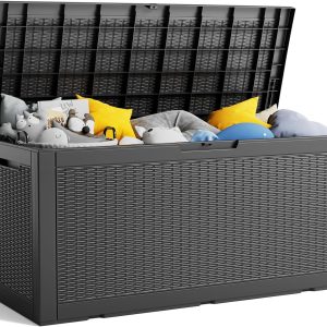 PatioZen 100 Gallon Deck Box, Large Resin Outdoor Storage Box Waterproof, Outside Deck Box with Lockable Lid for Patio Furniture, Pool Toys, Outdoor Toys and Garden Tools, Black